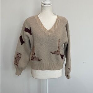 vestique Taupe V-Neck Sweater with Burgundy & Brown Accents
